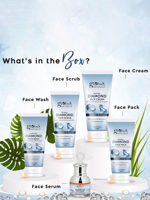 Globus naturals Revival Diamond Face Wash-Cream-Scrub Face Pack & Face Serum Gift Set 4 Globus naturals Revival Diamond Face Wash-Cream-Scrub Face Pack & Face Serum Gift Set