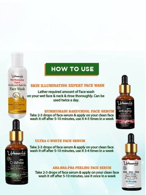 Urbaano Herbal Set Of 4 Ultra White Vitamin C Face Serum, AHA BHA Peeling Solution, Kumkumadi Tailam & Vitamin C Face Wash 190ml 4 Urbaano Herbal Set Of 4 Ultra White Vitamin C Face Serum, AHA BHA Peeling Solution, Kumkumadi Tailam & Vitamin C Face Wash 190ml