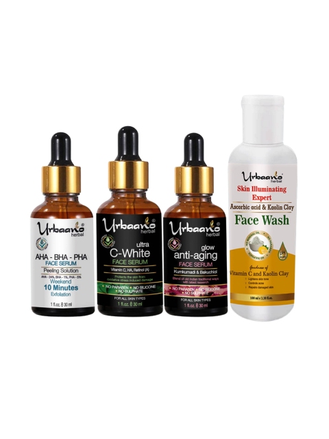 Urbaano Herbal Set Of 4 Ultra White Vitamin C Face Serum, AHA BHA Peeling Solution, Kumkumadi Tailam & Vitamin C Face Wash 190ml