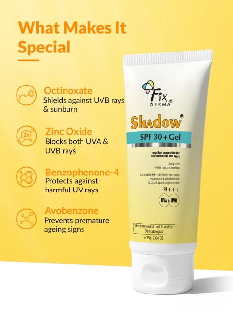 FIXDERMA Shadow Sunscreen SPF 30+ Gel For Oily Skin with PA+++ Protection - 75g 3 FIXDERMA Shadow Sunscreen SPF 30+ Gel For Oily Skin with PA+++ Protection - 75g
