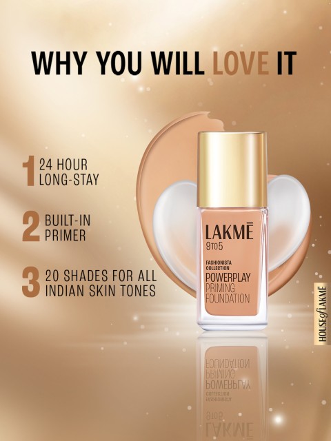 Lakme 9to5 Powerplay Priming Foundation, Built in Primer, SPF 20, Warm Beige, 25 ml 5 Lakme 9to5 Powerplay Priming Foundation, Built in Primer, SPF 20, Warm Beige, 25 ml