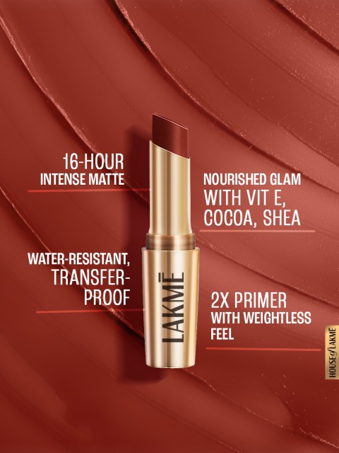 Lakme 9to5 Powerplay Priming Lasts 16hrs Matte Lipstick - Red Rust, 3.6g 4 Lakme 9to5 Powerplay Priming Lasts 16hrs Matte Lipstick - Red Rust, 3.6g