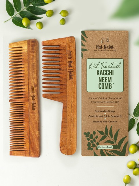 Nat Habit 2Pcs Kacchi Neem Handmade Dual + Wide Wooden Tooth Comb for Long Thick Hair