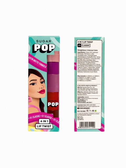 SUGAR POP 4 In 1 Lip Twist Multi-use Stackbale Satin Matte Lipsticks 6.4 g - Shade 01 5 SUGAR POP 4 In 1 Lip Twist Multi-use Stackbale Satin Matte Lipsticks 6.4 g - Shade 01