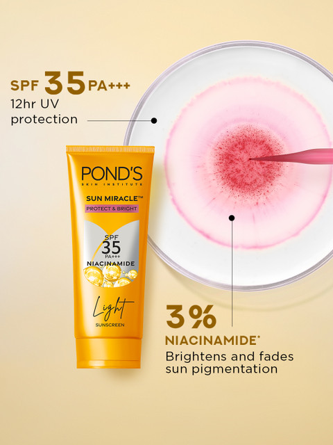 Ponds Sun Miracle SPF 35 PA+++ Protect & Bright Light Sunscreen with Niacinamide - 50g 4 Ponds Sun Miracle SPF 35 PA+++ Protect & Bright Light Sunscreen with Niacinamide - 50g
