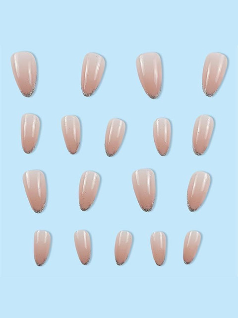 The Pink Truck Set Of 24 Artificial Reusable Nails With Silver Zari Tip Design - Peach 2 The Pink Truck Set Of 24 Artificial Reusable Nails With Silver Zari Tip Design - Peach