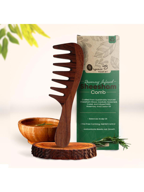 Organic B Indian Rosewood Curve Handle Extra Wide Tooth Comb Infused With Rosemary -Brown 2 Organic B Indian Rosewood Curve Handle Extra Wide Tooth Comb Infused With Rosemary -Brown