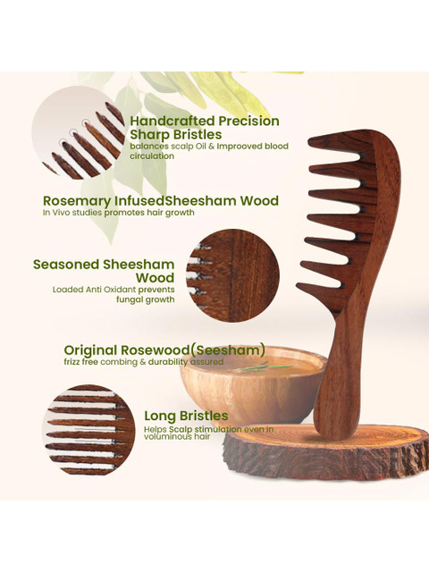 Organic B Indian Rosewood Curve Handle Extra Wide Tooth Comb Infused With Rosemary -Brown 3 Organic B Indian Rosewood Curve Handle Extra Wide Tooth Comb Infused With Rosemary -Brown