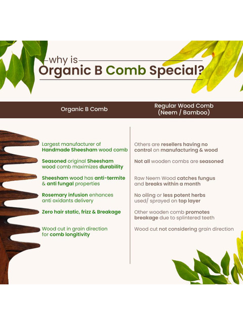 Organic B Indian Rosewood Curve Handle Extra Wide Tooth Comb Infused With Rosemary -Brown 5 Organic B Indian Rosewood Curve Handle Extra Wide Tooth Comb Infused With Rosemary -Brown