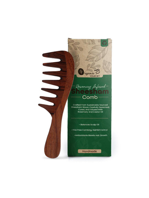 Organic B Indian Rosewood Curve Handle Extra Wide Tooth Comb Infused With Rosemary -Brown 1 Organic B Indian Rosewood Curve Handle Extra Wide Tooth Comb Infused With Rosemary -Brown